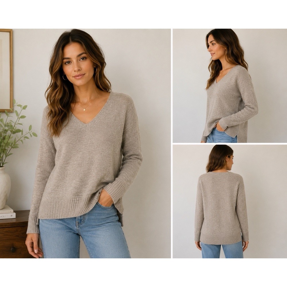 Express Women's XS Soft Knit V Neck Sweater Beige Lightweight Hi Low Hem Neutral